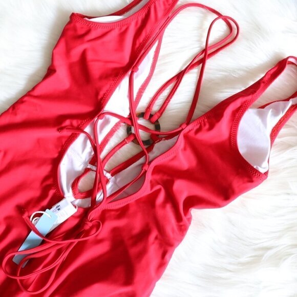 NEW Red Strappy Sexy Lace Up One Piece Swimsuit Size Medium - Picture 7 of 9